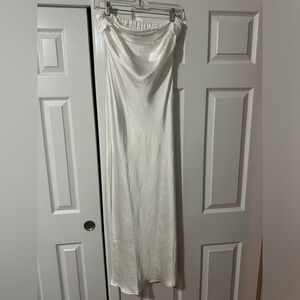White silk strapless maxi dress